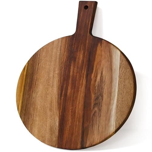 S310 Acacia Wood Round Cutting Board with Handle, Wooden Chopping Board for Meat, Cheese, Bread & Vegetables, Decorative Charcuterie Serving Board for Kitchen Cooking, Pizza & Party Dining, 17"x13" - Image 1