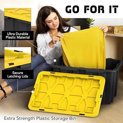 4 PACK Large Black & Yellow Storage Bins | Plastic Tote Organizing Container with Secure Latching Lids, Stackable, Extra Strength with Built in Handle | Black and Yellow Bins | 24.5" x 16.5" x 13.5" thumbnail 4