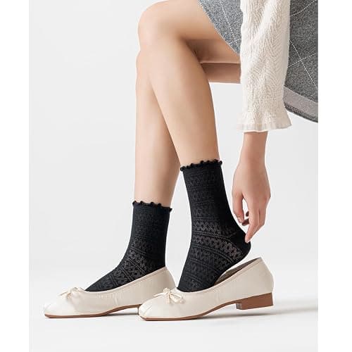 Mcool Mary Women's Ruffle Socks Mesh Casual Lace Cotton Ankle Ultra Thin Frilly Crew Socks for Women 6 Pairs thumbnail 5