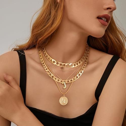 MJartoria Gold Layered Necklaces for Women Trendy Balloon Initial Pendant Necklace Dainty Chunky Chain Choker Necklaces Jewelry Birthday Gifts - Gold - J thumbnail 2