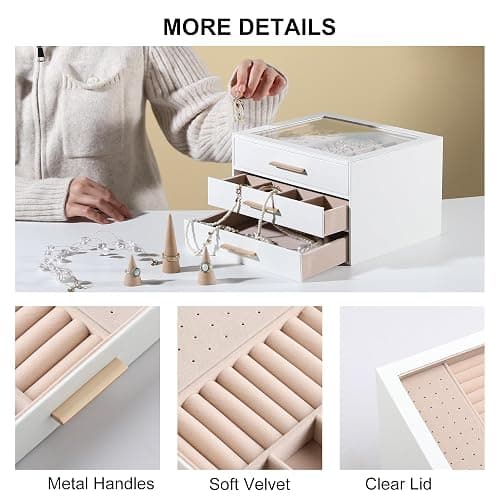 Frebeauty Clear Lid Jewelry Box,3-Layer Jewelry Organizer with Drawer,PU Leather Jewelry Organizers and Storage,Jewelry Boxes for Women,Jewelry Storage for Rings Earring Stud,Gift for Women(White) thumbnail 5