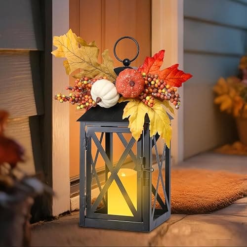 Bdor Fall Lanterns LED Candles 2 Pack 12 Inch Thanksgiving Decor Timer | Removable pumpkin and maple leaf accents, battery operated, tempered glass panels, autumn harvest and Thanksgiving decor thumbnail 7