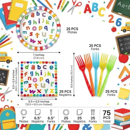 75PCS ABC 123 Party Supplies for 25 Guests – 25 7 Inch Alphabet Paper Plates, 25 Napkins, 25 Colorful Plastic Forks, Back to School Classroom Welcome Decorations, First Day of School Celebration thumbnail 3