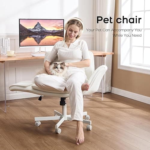 amseatec Criss Cross Chair with Armrests & Wheels, PU Leather Vanity Chair, Comfortable Adjustable Swivel Computer Office Desk Chairs for Home, Make Up, Bed Room (White) thumbnail 4