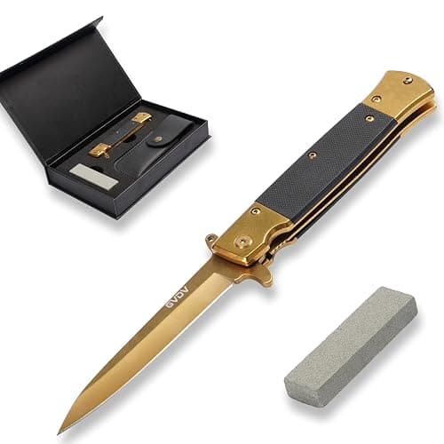 GVDV Folding Pocket Knife with G10 Handle, 7Cr17 Stainless Steel EDC Knife with Safety Liner-Lock, Camping Hunting Fishing Knife for Men Women, Gold - Image 1