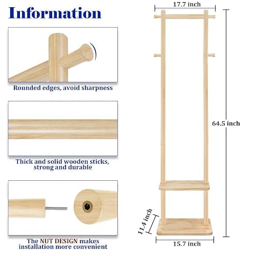 GZQXHOME Wooden Coat Rack Freestanding,Hall Tree with Sturdy Base,Clothing Rack for Hanging Clothes,Small Clothes Rack with 3 Storage Shelves,Space Saving for Entryway, Hallway, Bedroom (Natural) thumbnail 2