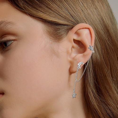 ADRAMATA 10 Stücke Ohr Manschette Ohrringe Kette für Damen Schlange Feder Ohr Manschette Kreuz Mond Stern Ohr Bergsteiger Helix Knorpel Crawler Ohrringe Quaste Gold Silver Ear Cuff Earrings für Damen thumbnail 6