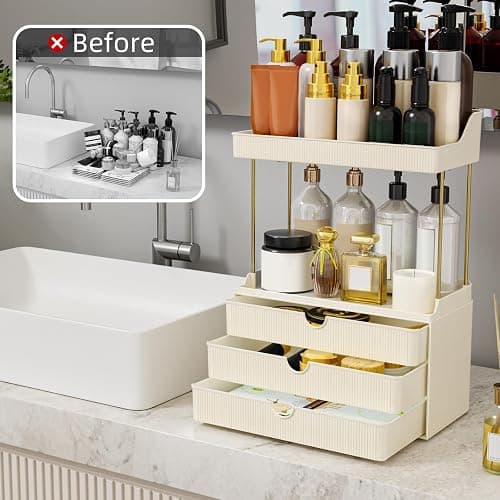 StorBin 3 Drawers Bathroom Counter Organizer - 5 Tier Makeup Organizer, Versatile Perfume Organizer, Ideal for Bathroom Storage, Vanity, Large Skincare, Perfume, Present, Cream White thumbnail 7