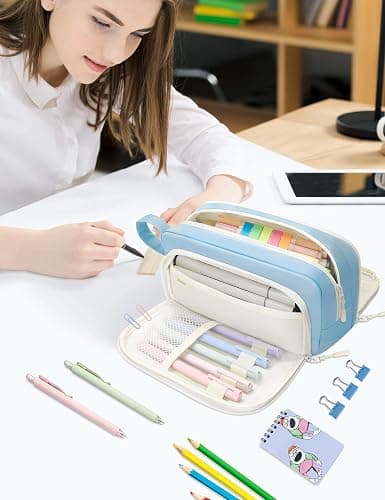 SUNEE Large Pencil Case, Big Capacity Pen Pouch with 3 Compartments, Kawaii Cute Pencil Bag with Zipper, High Storage Stationery Holder and Organizer, School Supplies for Teen and Adult Girls, Blue thumbnail 2