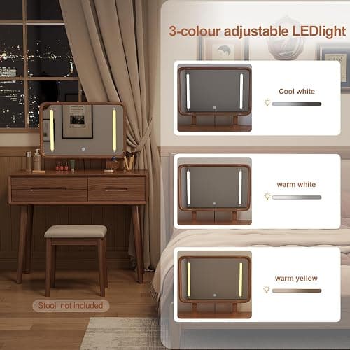 KungFuWood Solid Wood Vanity Desk with Mirror and 3 Lighting Modes,Makeup Vanity Adjustable Height with 3 Drawers,Easy Assemble Vanity Table,Dressing Table for Bedroom and Living Room thumbnail 2