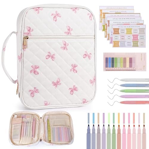Bible Cover Case for Women, Large Quilted Bible Carrying Case with Handles, Bible Study Supplies & Accessories Christian Gifts for Women(Pink Bow) - Image 1