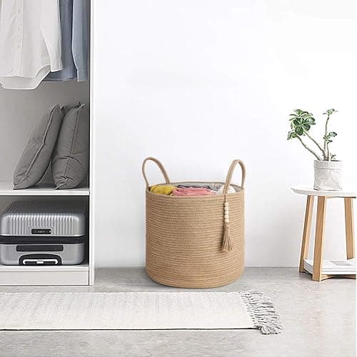 Mkono Woven Storage Basket Decorative Natural Rope Basket Wooden Bead Decoration for Blankets,Toys,Clothes,Shoes,Plant Organizer Bin with Handles Living Room Home Decor, Jute, 16" W × 13.8" L thumbnail 2