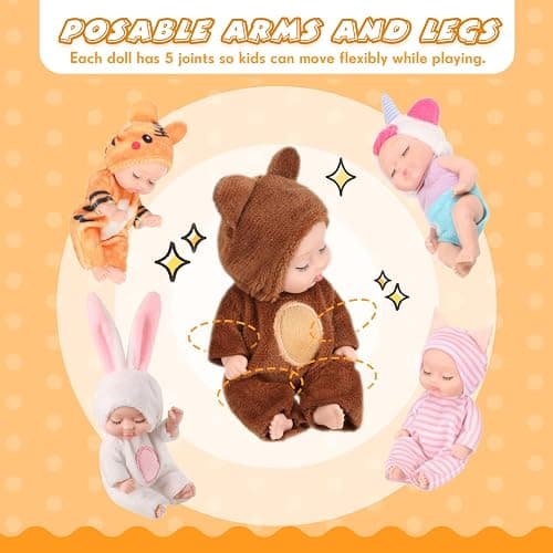 Retrowavy 10 Pcs 4 Inch Mini Baby Dolls Realistic Tiny Baby Doll Animal Clothes Cute Infant Figurine Gifts Set with 10 Pcs Nursing Bottles for Boys Girls Toddlers Kids 3+ Birthday Gift Big Fillers thumbnail 6