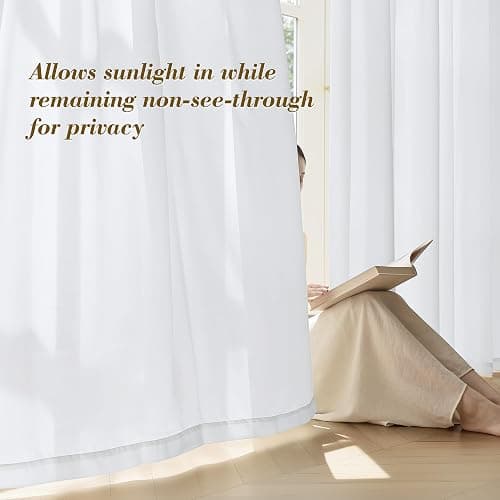 FMFUNCTEX Sheer Non-See-Through White Curtains for Bedroom, Faux Silk that Let Light Curtains 84 inches Long Light Filtering Privacy Sheer Window Drapes for Living Room, Rod Pocket 2 Panels Set thumbnail 3