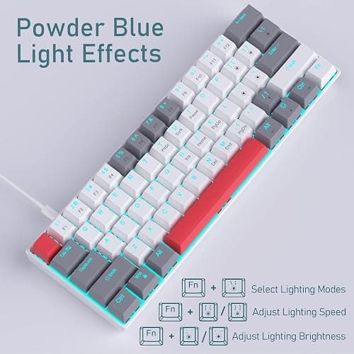 60% Mechanical Gaming Keyboard,Mixed Color Keycaps Gaming Keyboard with Red Switches, Detachable Type-C Cable Mini Keyboard with Blue LED Light for PC/Laptop thumbnail 5