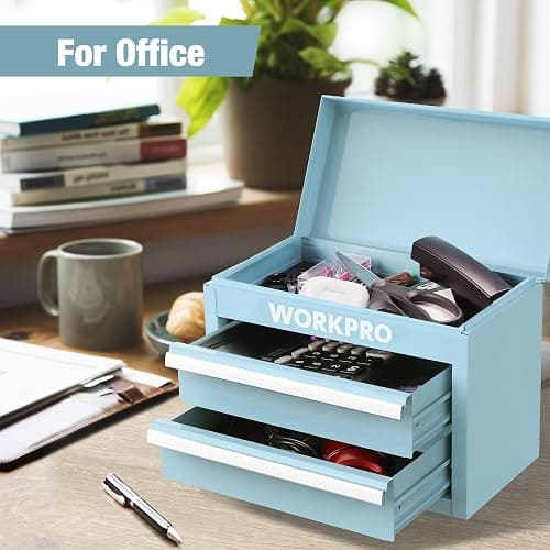 WORKPRO Mini Metal Tool Box with 2 Drawers and Top Storage, Small Tool Chest with PVC Liners and PP Feet Pads, Cold Rolled Steel Toolbox with Magnetic Tab thumbnail 7