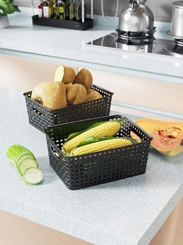 WYT Woven Storage Organizer Basket, 6-Pack Black Plastic Weave Baskets, 10.1 x 7.55 x 4.1 thumbnail 2