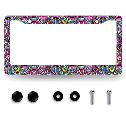 Purple Mandala License Plate Frame Hippie Boho License Plate Holder Stainless Steel Front and Rear Car Tags Auto Parts Funny License Plate Decoration with Screws for Men Women s 12.2"x 6.2" - Boho Purple Mandala Printed - Image 1