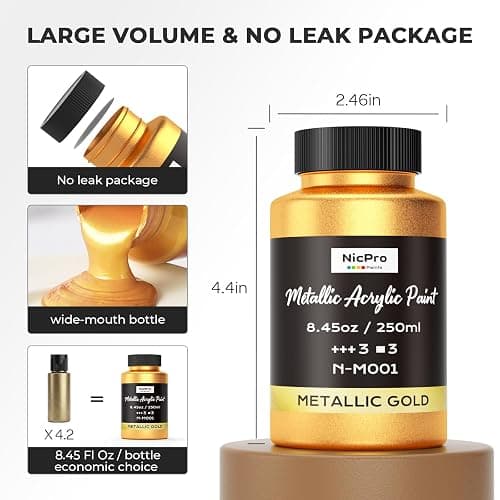 Nicpro Metallic Gold Acrylic Paint, 8.45oz/250ml Large Gold Leaf Paint | Non Toxic, Non Fading Craft Paints for Metal, Wood, Clay, Fabric, Canvas, Furniture, Handcrafts, Art Supplies thumbnail 8