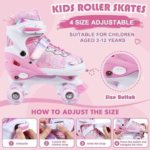 Huanovix Roller Skates for Kids, 4 Size Adjustable Rollerskates with Light Up Wheels, 10C to 6 Beginner Youth Roller Skates for Girls Boys Toddlers Indoor Outdoor thumbnail 2