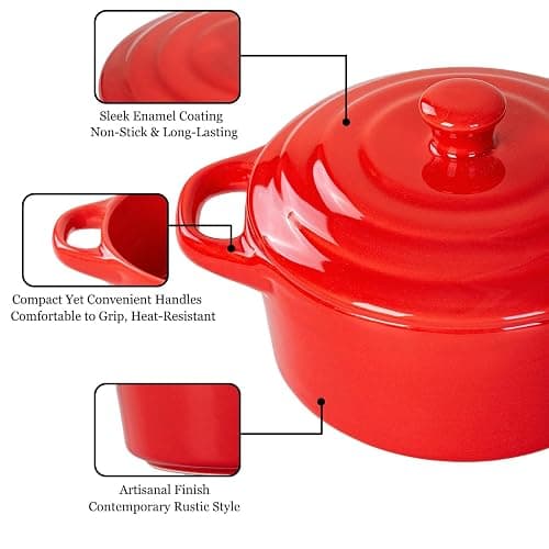Mini Dutch Oven Set of 4, 14 oz Ceramic Mini Dutch Ovens with Lids and Handles, Ramekins with Lids for French Onion Soup, Pot Pies, Soufflés and Baked Desserts, Oven Microwave Dishwasher Safe, Mini Cocotte，（Red） thumbnail 5