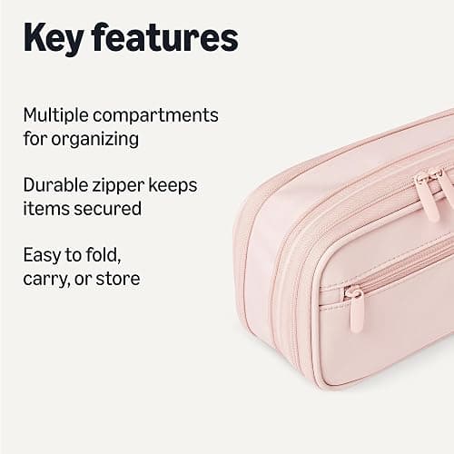 Amazon Basics Large Capacity Pencil Case with Durable Zipper, Multi-Compartment, Storage Space, Easy to Carry, Rose Mild thumbnail 3