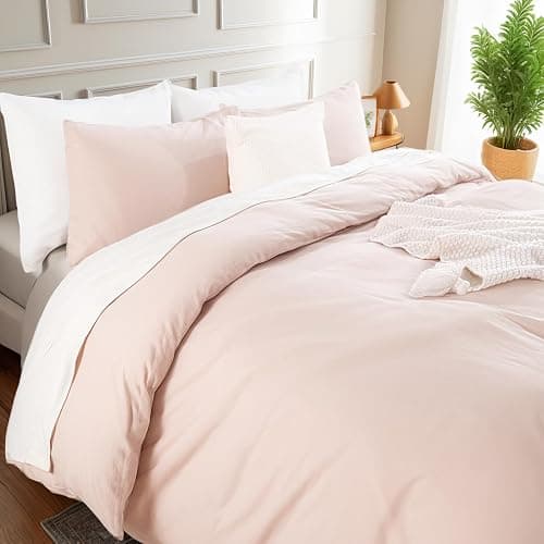 NEXHOME PRO Duvet Cover Set 100% Washed Cotton Full Size Linen Feel Textured Organic Natural 3 Pieces Bedding Set Greyish Light Pink with Zipper Closure and Corner Ties, Breathable(No Comforter) thumbnail 5