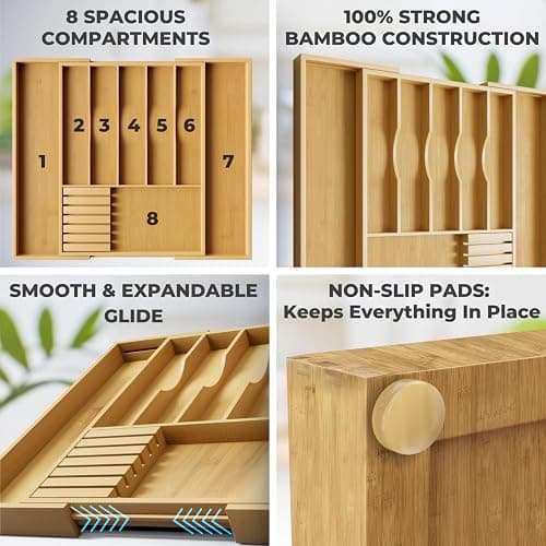 Premium Expandable Kitchen Drawer Organizer - 100% Bamboo Organizer Tray - Great for Silverware, Large Utensils, Flatware, Cutlery - 8 Compartments with Knife Block - Perfectly Fits Your Drawers thumbnail 4