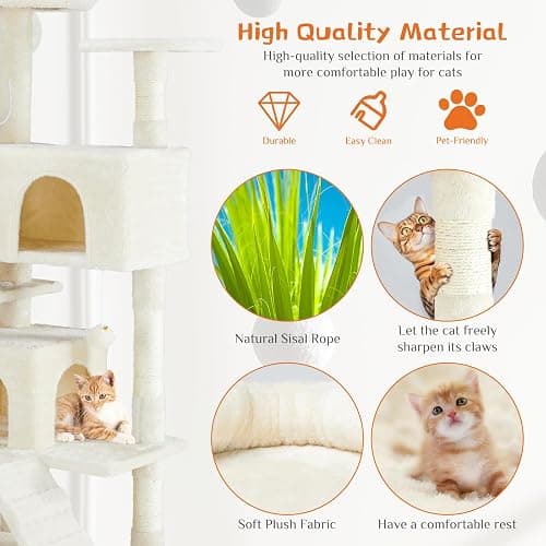 Sweetcrispy 54-inch Cat Tree Tower with Scratching Posts, Indoor Use | Multi-Level Indoor Cat Tree Condo with Climbing Ladder, Plush Toy, Play House for Kitten, Beige thumbnail 5