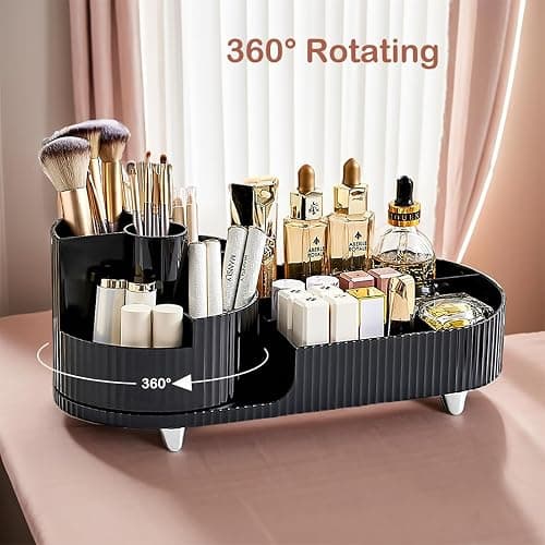 Makeup Organizer Countertop Rotating Makeup Organizer for Vanity Large Capacity Cosmetic Display Case with Makeup Brush Holder Cosmetic Organizer Countertop（Black） thumbnail 2
