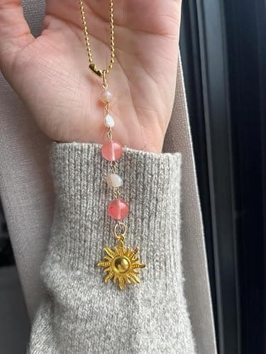 Sun Hanging Car Charm,Green and Gold Rear View Mirror Accessories Cute Boho Dangling Sun Car Decor Handmade Healing Crystals Stones Ornament Gifts for Women Men (Pink) thumbnail 2