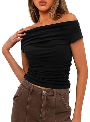 Darong Women's Summer Cap Sleeve Boat Neck Off Shoulder Top Going Out Slim Fit Tops Y2K Tight Shirts - Small - Black thumbnail 3