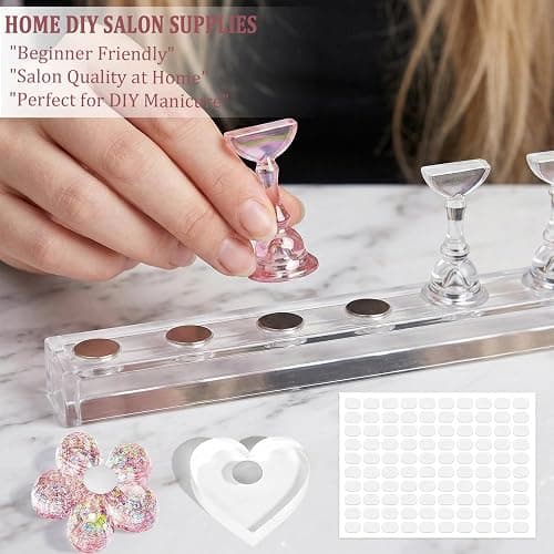 UPEOXT Nail Stand for Press on Nails, 2 Sets Acrylic Nail Holder for Painting Nails Gel, Magnetic Practice Kit with 1 Heart Base, 1 Flower Base, 100 Adhesive Stickers, DIY Salon Art Display Supplies thumbnail 7