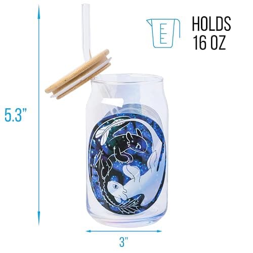 Silver Buffalo How to Train Your Dragon Ying and Yang Featuring Toothless and Light Fury Glass Jar Tumbler with Bamboo Lid and Glass Straw, 16 Ounces thumbnail 2
