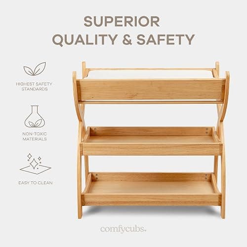 Comfy Cubs Baby Changing Table - Sturdy Wood Construction, Timeless Look Baby Change Table with Two Open Shelves for Infant Daycare Essentials Storage - Natural Wood thumbnail 5