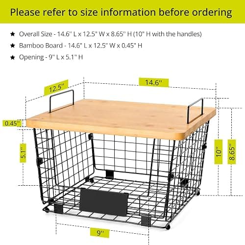 2 Set XXL Stackable Wire Basket with Bamboo Tops & Tag- Pantry Organizer and Storage Bins, Kitchen Counter Cabinet Shelf Countertop Under Sink Organizing, Food Snack Produce Onion Potato Bread Storage thumbnail 3