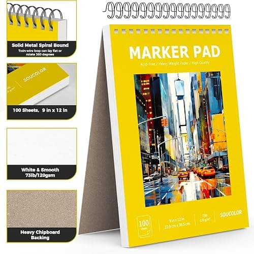 Soucolor Marker Paper Sketchbook,Bleedproof Maker Paper 9"x12" | Professional Bleedproof Marker Pad for Alcohol Markers 100 Sheets 73lb/120gsm Thick No-Penetration Drawing Paper thumbnail 2
