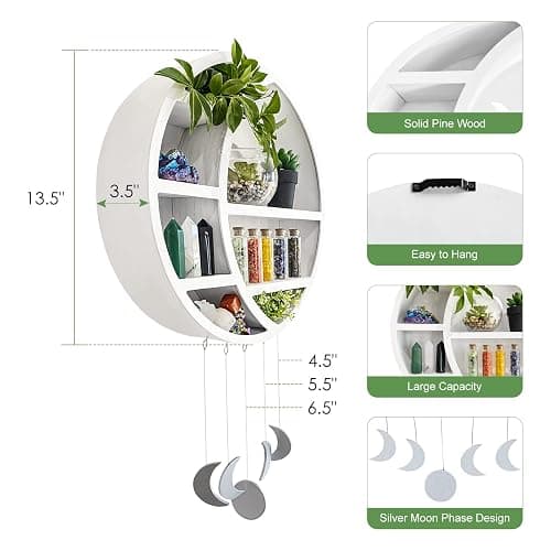 Ella & Emma 5-Shelf Pine Wooden Crescent Moon Crystal Shelf - Bohemian Style, Wall Mount, Bedroom, Living Room, Office thumbnail 3