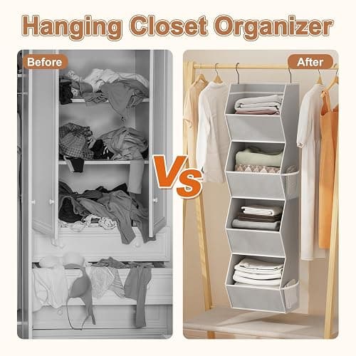 Hanging Closet Organizer 4 Shelf Collapsible Bedroom Closet Organizers and Storage Hanging with Mesh Pockets for Clothes, Fabric Hanging Storage Bins for Wardrobe Closet Organization and Storage, Grey thumbnail 5