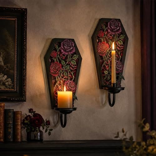 Gothic Coffin Wall Candle Sconce Set of 2, Dark Romantic Rose Thorn Backplate with Removable Trays for Taper & Pillar Candles, Gothic Decor for Living Room Bedroom, Year-Round Halloween Home Accent thumbnail 6
