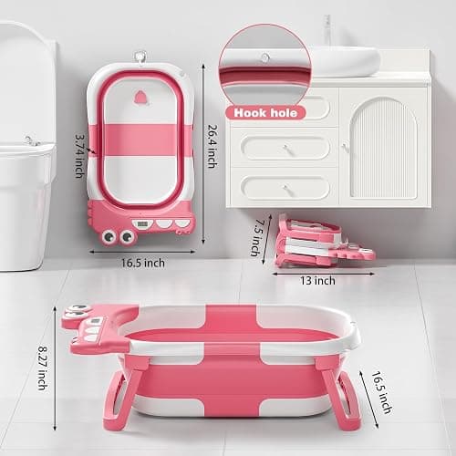 Collapsible Baby Bathtub for Newborn, Foldable Baby Bath Tub with Thermometer & Soft Floating Cushion & Drain Hole, Portable Travel Infant Bath Tubs for Newborns to Toddler 0-36 Months Girl, Pink thumbnail 3