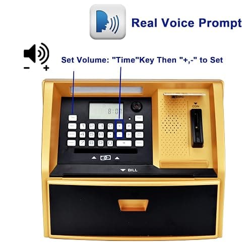 ATM Savings Bank with Debit Card, Electronic Piggy Bank for Real Money, Coin Recognition, Targets Setting, Password Login, Voice Prompt, Great Gift for Boys Girls (Golden/Black) thumbnail 5