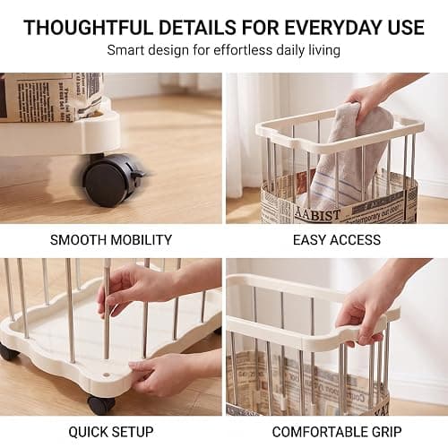 PureBox Laundry Hamper with Wheels, Vintage Rolling Laundry Basket, Cream | Metal Frame,Premium Fabric with Retro Newspaper Print,Easy Assembly,Smooth Rolling,Open Top,for Bedroom/Bathroom/Laundry Room thumbnail 7