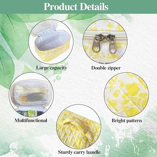 WYJ Yellow Large Quilted Floral Makeup Bag Cute Soft Coquette Aesthetic Cosmetic Bag Cotton Travel Toiletry Bag for Women thumbnail 4