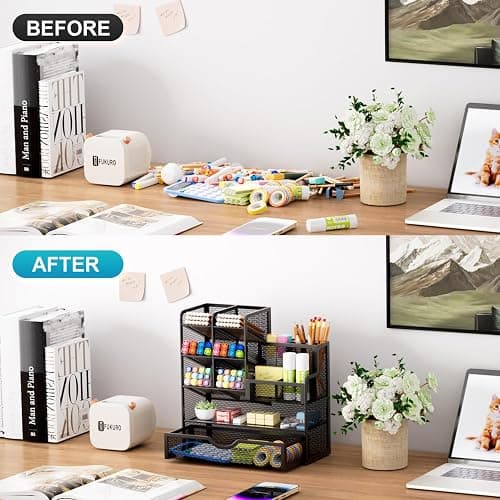 Marbrasse Mesh Pen Holder for Desk, Multi-Functional Pencil Organizer with Drawer, Desk Organizers and Accessories for Office Art Supplies (Black) thumbnail 5