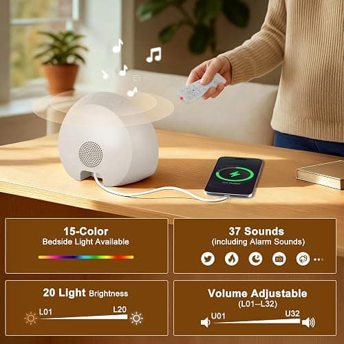 Sunrise Alarm Clock Sound Machine, Natural Wake Up Light - Bluetooth Speaker, Dual Alarms, Dimmable Clock, USB Charging, Snooze, 37 Sleep Sounds, 15 Colors, Timer- Night Light for Heavy-Sleepers Gift thumbnail 5