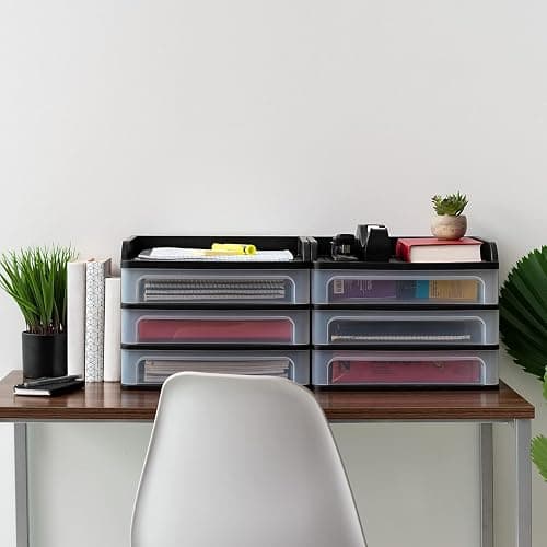 IRIS USA Plastic Desk Top 3-Drawer Storage Organizer with Paper Tray Top, 1-Pack, for Makeup Vanity Nail Polish Bathroom Stationery Art Craft Supplies Kitchen Office Garage Organization, Medium, Black thumbnail 6