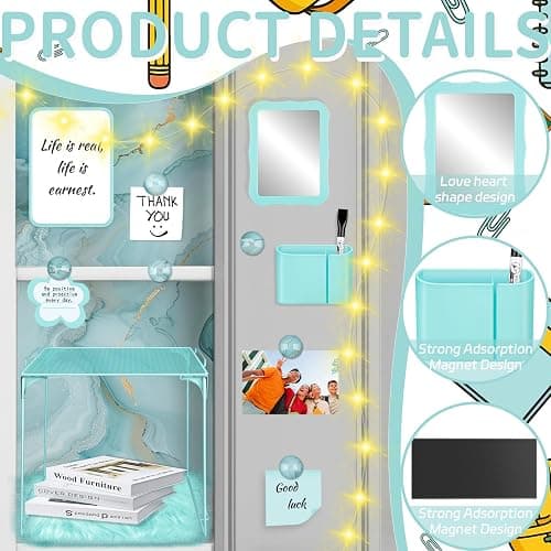 18 Pcs Teal Marble Locker Organizer Kit Includes Magnetic Wallpaper Shelf Mirror Pen Holders and Organizing Supplies Locker Accessories for Girls Back to School Organization thumbnail 4