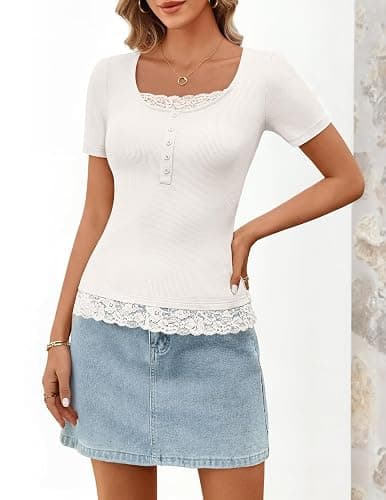 MEROKEETY Women's Summer Lace Trim Tops Cute Short Sleeve Ribbed Scoop Neck Button Y2K Teen Shirts Going Out Clothing thumbnail 8