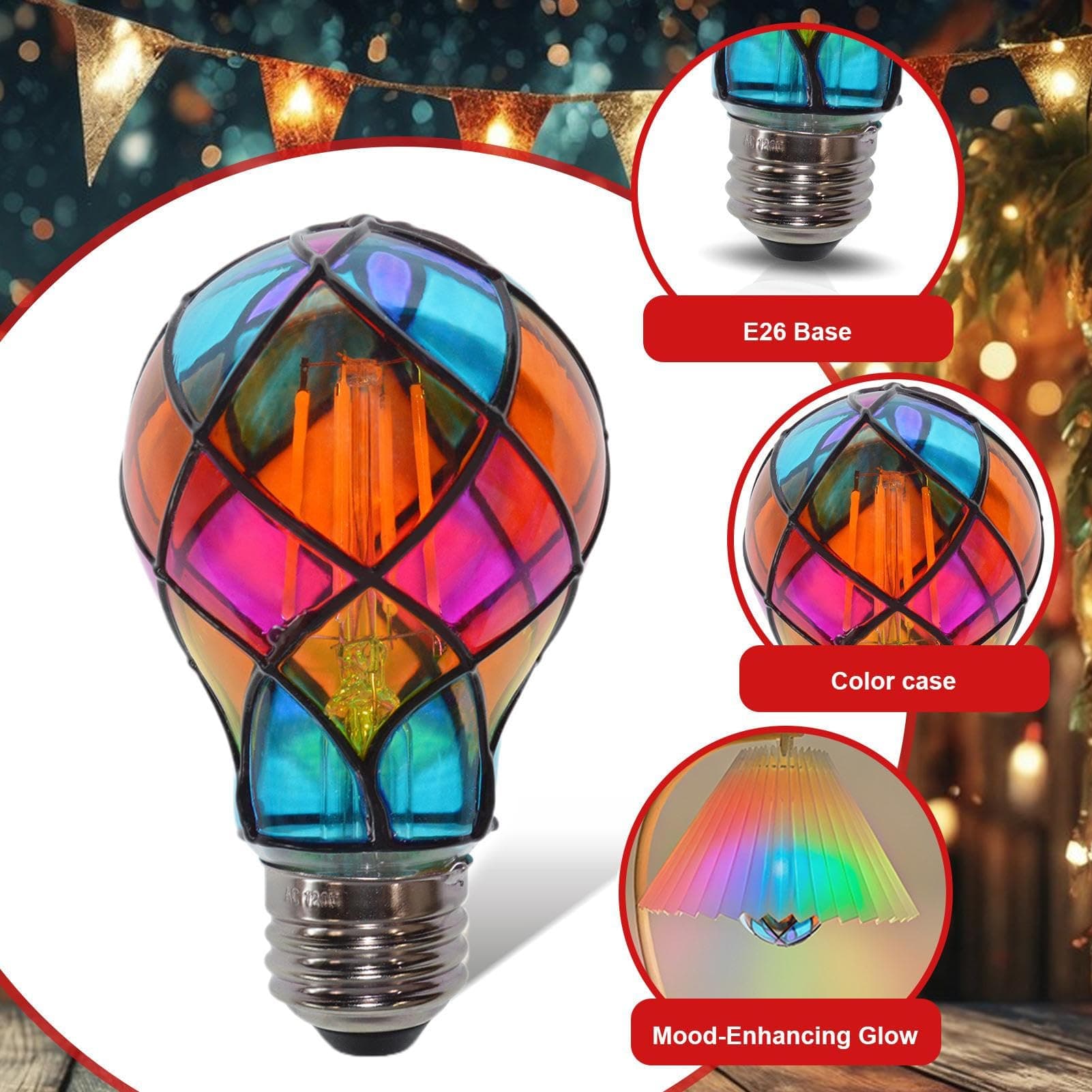 Stained Glass Light Bulbs - E26 4W 120V Colorful LED,Hand Painted Lamp,For Indoor Home Room Night Table Lamp Garden Balcony Party Halloween Christmas thumbnail 7